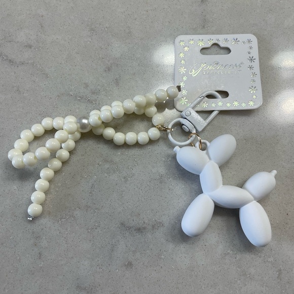 Prince Accessories - Balloon White Dog Charm/Zipper Pull with Cream Beaded Bow NEW